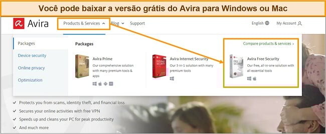 Captura de tela do botão de download gratuito do Avira