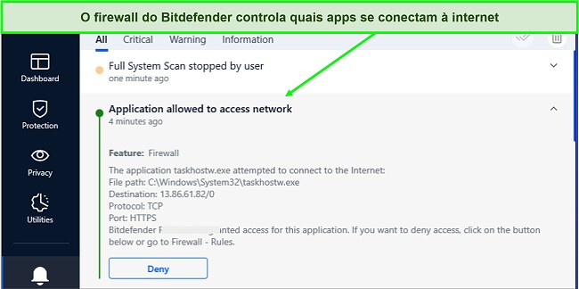 Captura de tela do firewall do Bitdefender