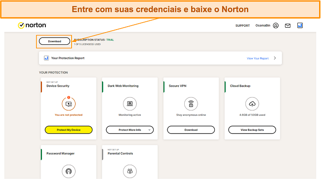Baixando a configura&ccedil;&atilde;o do Norton de seu site