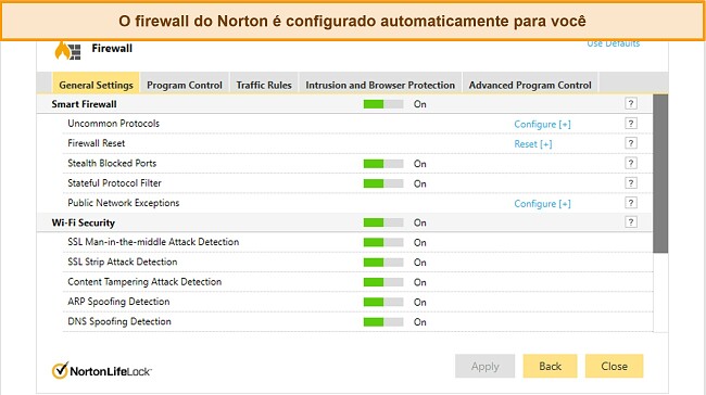 Captura de tela da guia de configurações do Firewall do Norton
