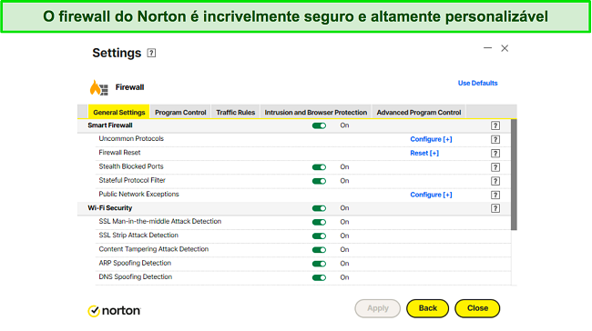 Captura de tela das configurações de firewall do Norton