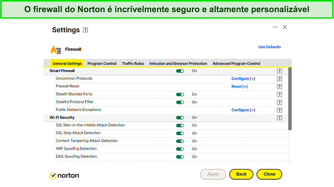 Captura de tela das configura&ccedil;&otilde;es de firewall do Norton