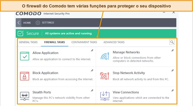 Captura de tela da guia de tarefas do firewall Comodo