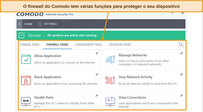 Captura de tela da guia de tarefas do firewall Comodo