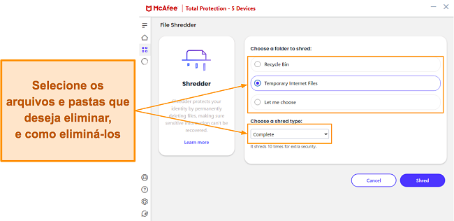 Especificando as opções de fragmentação no McAfee File Shredder