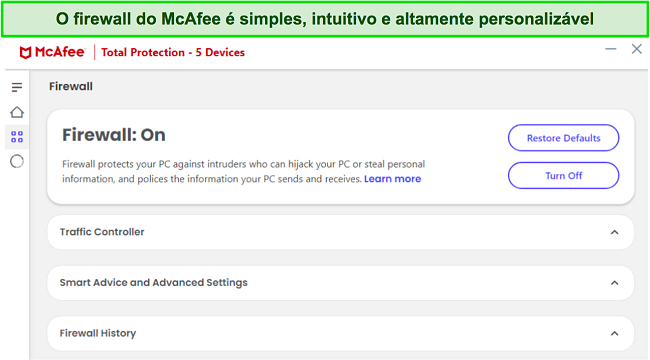 Captura de tela da interface do firewall da McAfee