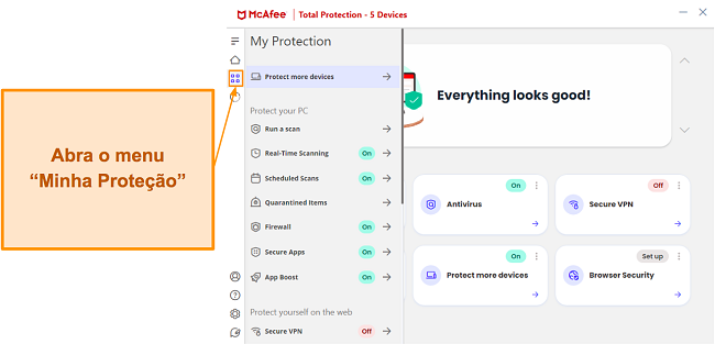 Menu Minha proteção no aplicativo Windows da McAfee