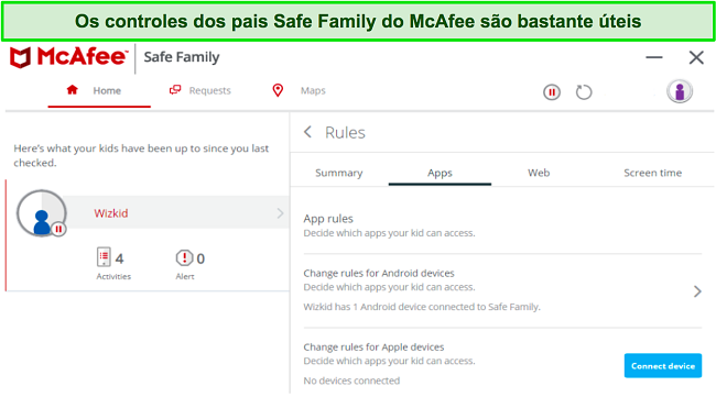 Captura de tela dos controles dos pais do Safe Family da McAfee