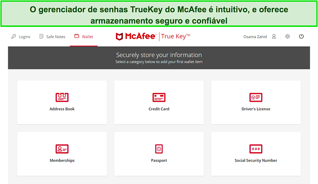 Captura de tela do gerenciador de senhas True Key da McAfee