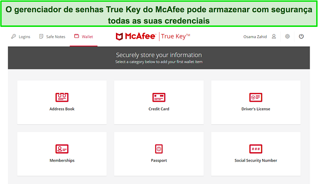 Interface do gerenciador de senhas True Key da McAfee