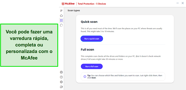 Captura de tela das várias opções de verificação da McAfee