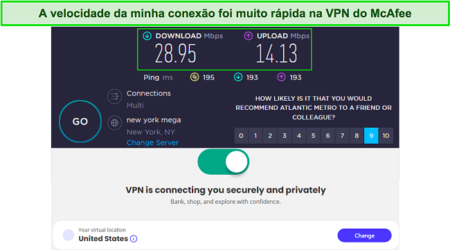 Resultados do teste de velocidade quando conectado ao servidor da McAfee nos EUA