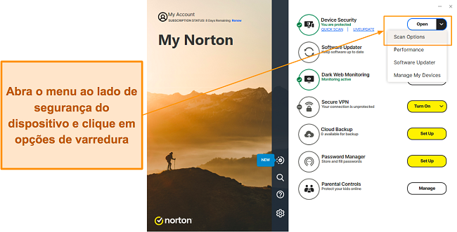 Abrindo as op&ccedil;&otilde;es de verifica&ccedil;&atilde;o de v&iacute;rus no Norton
