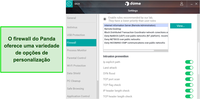 Captura de tela das configurações de firewall personalizáveis do Panda