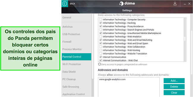 Captura de tela das configurações de controle dos pais do Panda