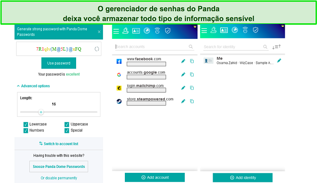 Captura de tela de vários menus do gerenciador de senhas do Panda