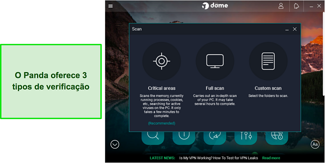 Captura de tela das opções de verificação de vírus do Panda