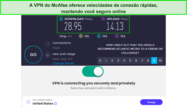 Captura de tela dos resultados do teste de velocidade do McAfee Safe Connect VPN