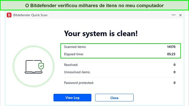 Captura de tela dos resultados da verificação rápida do Bitdefender