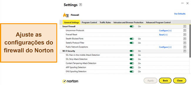 Imagem das configurações do firewall Norton
