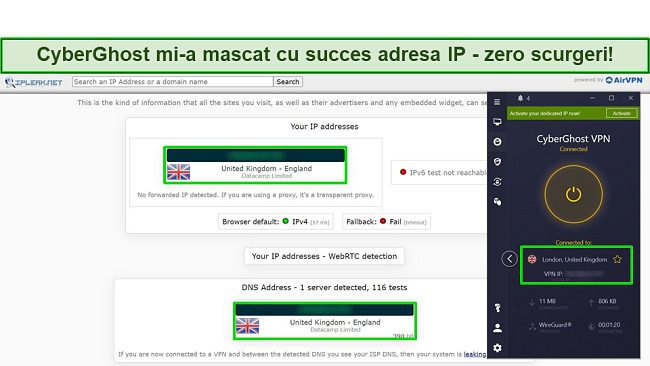 Captură de ecran a unui test de scurgeri IP care arată că nu există scurgeri de date cu CyberGhost conectat la un server P2P optimizat din Marea Britanie.