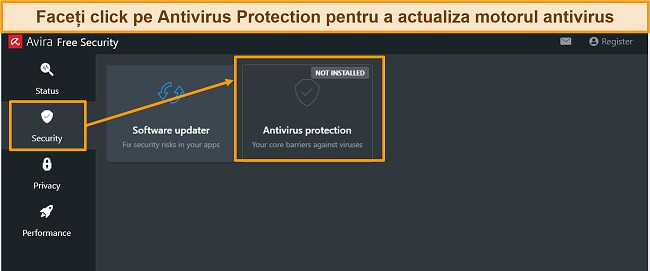 Captură de ecran care arată cum să actualizați motorul anti-malware Avira