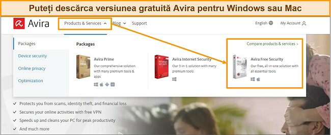 Captură de ecran a butonului de descărcare gratuită al Avira