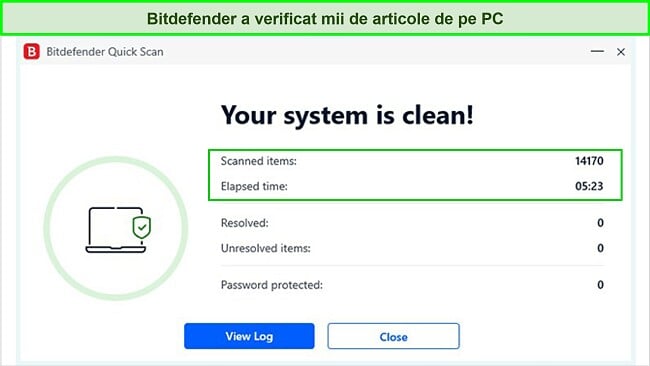 Captură de ecran a rezultatelor scanării rapide ale Bitdefender