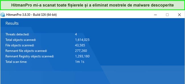 Captură de ecran a rezultatelor scanării HitmanPro