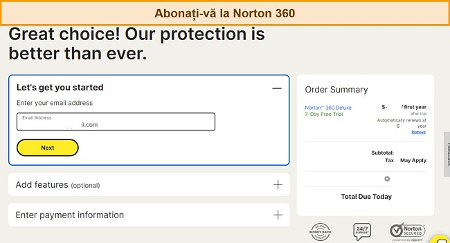 Captură de ecran a paginii de abonament Norton