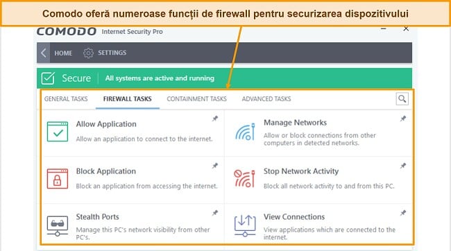 Captură de ecran a filei de activități de firewall Comodo