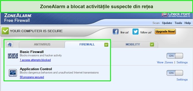 Captură de ecran a interfeței firewall ZoneAlarm