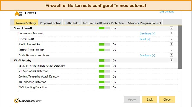 Captură de ecran a filei de setări Firewall a lui Norton
