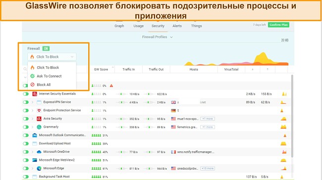 Снимок экрана: вкладка "Безопасность" GlassWire