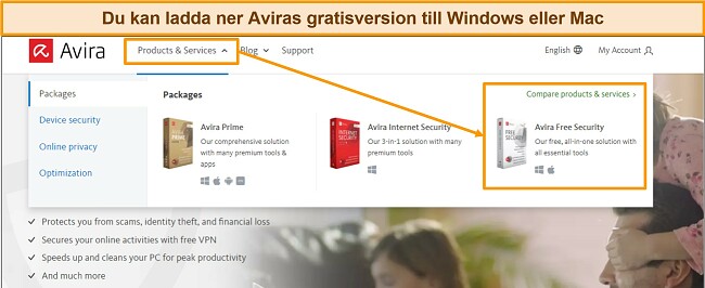 Skärmdump av Aviras gratis nedladdningsknapp