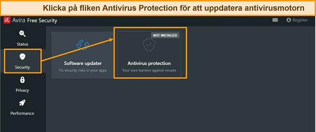 Skärmdump som visar hur man uppdaterar Aviras anti-malware-motor