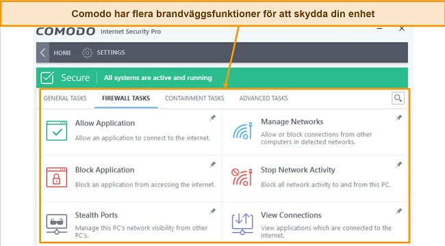 Skärmdump av fliken Comodo-brandväggsuppgifter