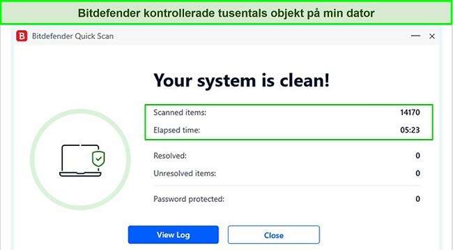 Skärmdump av Bitdefenders snabbsökningsresultat