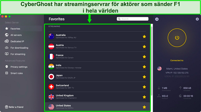 Skärmdump av CyberGhost-appen som visar streamingoptimerade servrar för officiella F1 Grand Prix-tävlingssändare