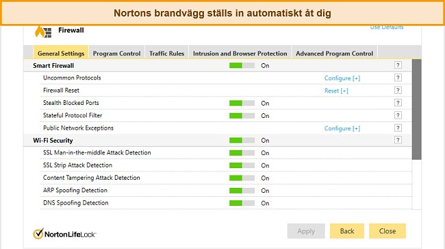 Skärmdump av Nortons flik för brandväggsinställningar