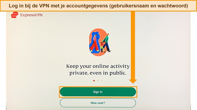 Screenshot van het aanmeldingsscherm van de Amazon Fire Stick-app van ExpressVPN.