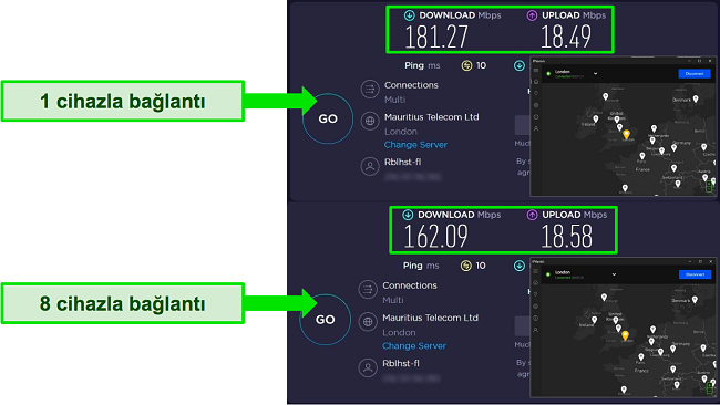 Birleşik Krallık IPVanish sunucusuna bağlı 1 cihaz ve bağlı 8 cihaz ile hız farkını gösteren hız testlerinin ekran görüntüleri.