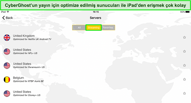 Sunucu menüsünde optimize edilmiş akış sunucularını gösteren CyberGhost'un iPad uygulamasının ekran görüntüsü.