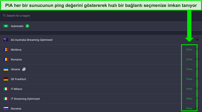 PIA'nın iPad uygulamasının görüntüsü, kullanıcının en hızlı sunucu bağlantısını seçebilmesi için her sunucunun pinginin görüntülendiğini gösterir.