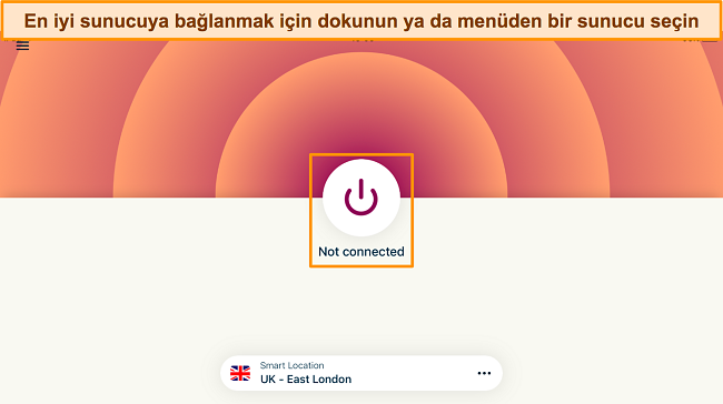 Mevcut en yakın ve en hızlı sunucuya bağlanmaya hazır ExpressVPN iPad uygulamasının ekran görüntüsü.