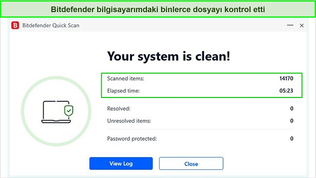 Bitdefender'ın hızlı tarama sonuçlarının ekran görüntüsü