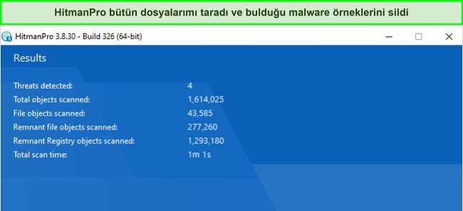 HitmanPro'nun tarama sonuçlarının ekran görüntüsü