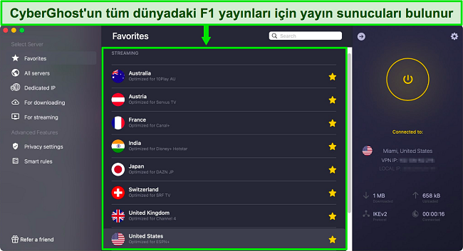 Resmi F1 Grand Prix yarış yayıncıları için akış için optimize edilmiş sunucuları gösteren CyberGhost uygulamasının ekran görüntüsü