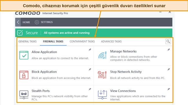 Comodo güvenlik duvarı görevleri sekmesinin ekran görüntüsü