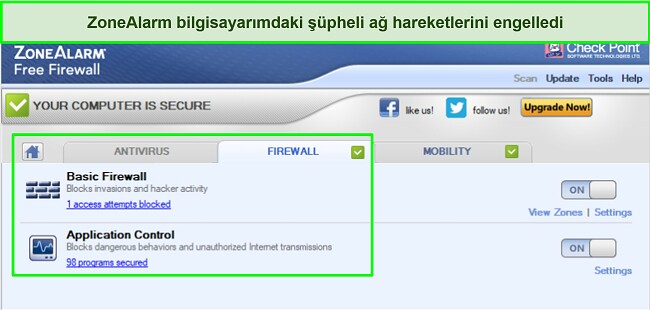 ZoneAlarm güvenlik duvarı arayüzünün ekran görüntüsü